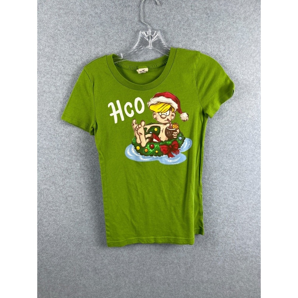 Hollister Shirt Women's S Green Short Sleeve Holiday Tee Wreath Summer Chrismtas